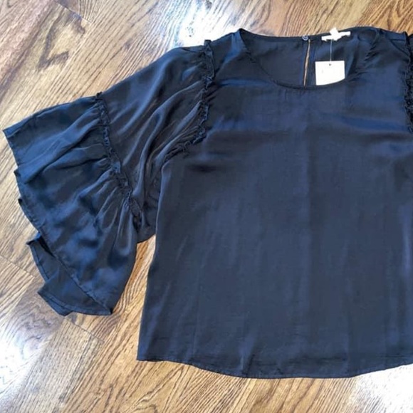 Black Flutter Sleeve Satin Blouse ❤️ - Picture 2 of 3